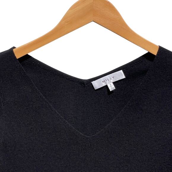 MILLY Women’s Black 3/4 Sleeve Vneck Pull Over Sweater Knit top small - Picture 2 of 3